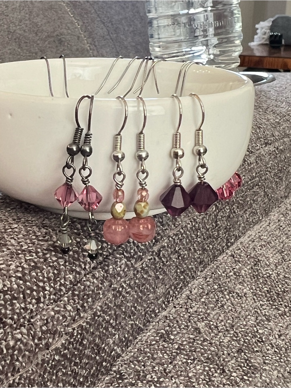 Three pair Handmade Pink and Purple Beaded Dangle Earrings